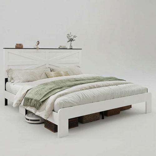 King Size Farmhouse Wooden Bed Frame with Headboard