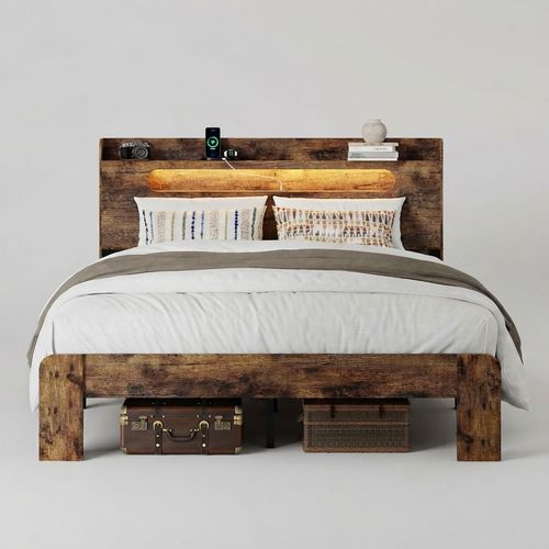 Full Bed Frame with Storage Headboard and Charging Station