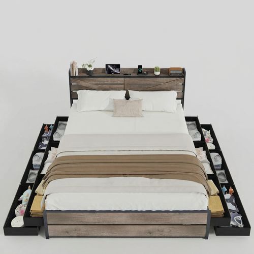 Wooden Bed Frame with 12 Storage Drawers and Headboard