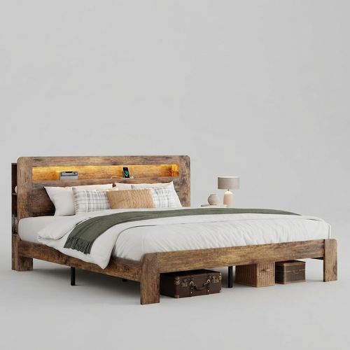 King Wood Bed Frame with Storage Headboard and Charging Station