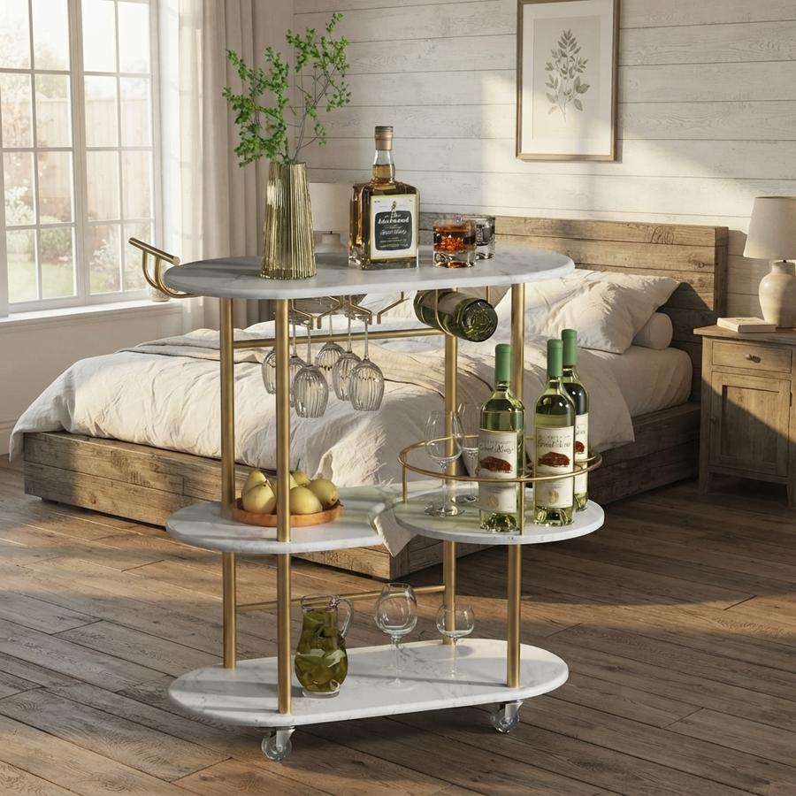 Gold Bar Carts with 4-Tier Storage Shelves in a furnished room