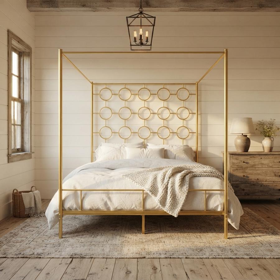 Gold Metal Canopy Bed Frame Queen in a furnished room
