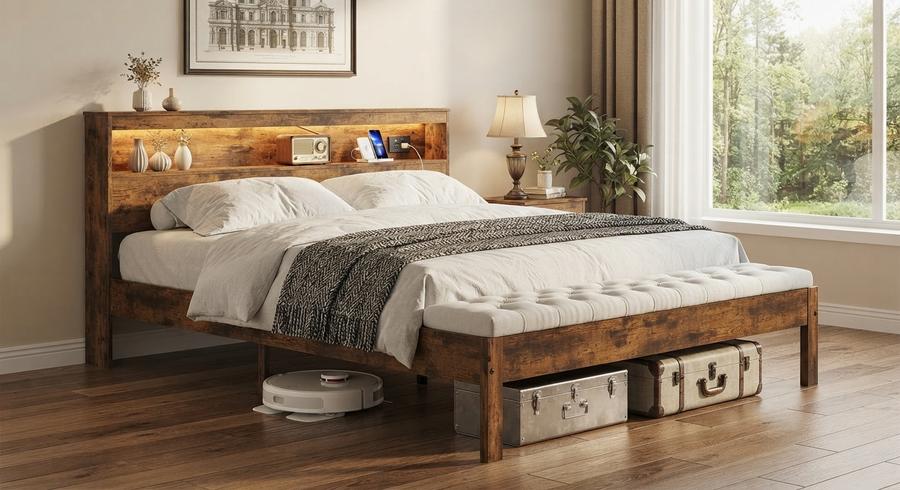 King Size Wooden Bed Frame with Headboard in a furnished room