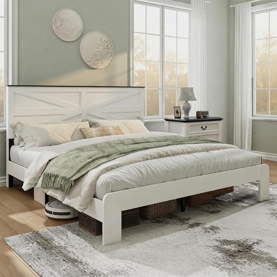 King Size Farmhouse Wooden Bed Frame with Headboard