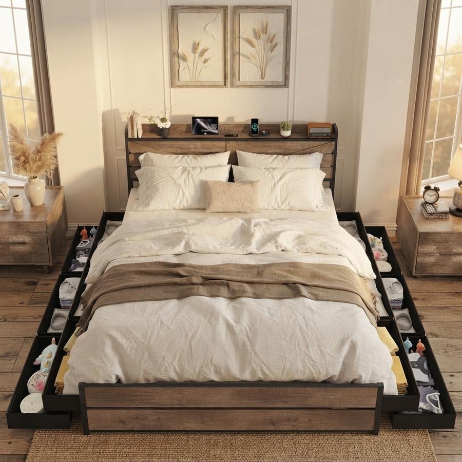 Wooden Bed Frame with 12 Storage Drawers and Headboard