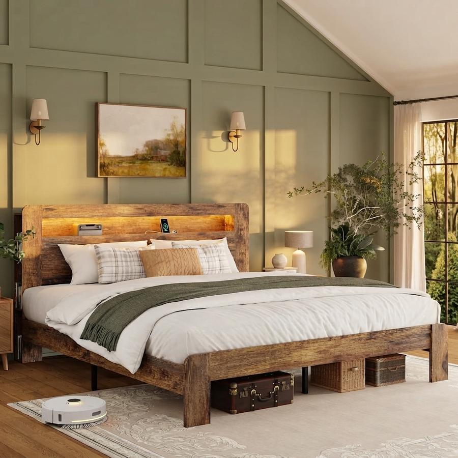 King Wood Bed Frame with Storage Headboard and Charging Station
